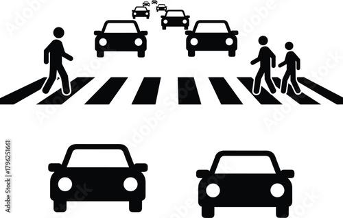 Pedestrian crossing road safety, traffic management icon, cars and people symbol, urban transportation illustration, black silhouette design, crosswalk safety concept