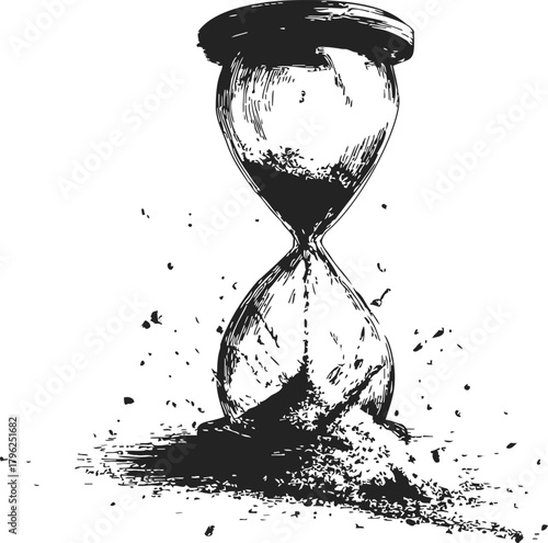 Hourglass sketch hand drawn style with sand spilling out and scattered grains — stock vector