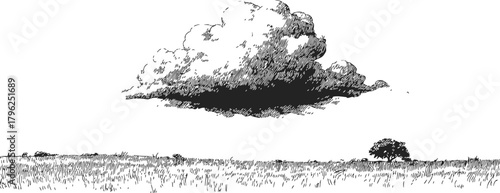 Cloud sketch hand drawn over grassy field with lone tree — stock vector