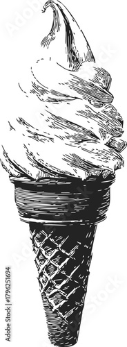 Ice cream cone sketch, hand drawn style with detailed soft serve swirl and waffle cone — stock vector