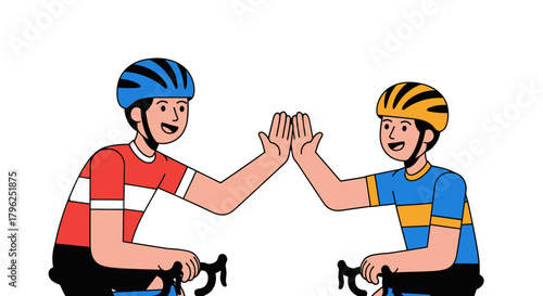 Cyclists Celebrate Achievement With High Five On Black Backdrop Together