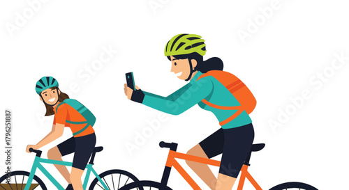 Cyclists Capturing Memories on Bike Adventure with Smartphone in Delightful Illustration