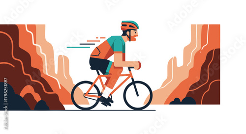 Cyclist Cycling Through Canyon With Graphic Abstract Style Illustration