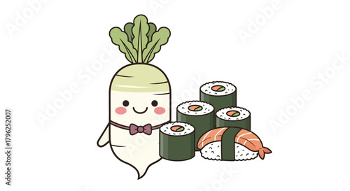 Daikon Radish With A Bowtie Is Presenting sushi Rolls Against A Black Backdrop