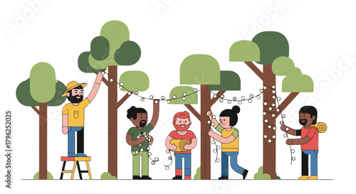 Decorating The Forest With String Lights Represents Community Collaboration and Joy