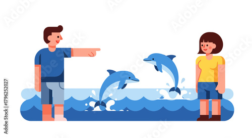 Delighted Couple Watching Dolphins Leap in Oceanic Waters with Playful Joy and Wonder