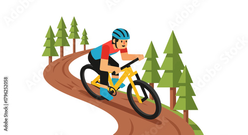 Cyclist Enjoying Mountain Biking Adventure On Twisting Trail Amidst The Trees