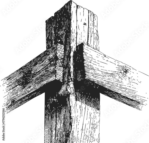 Wooden mortise and tenon joint sketch, hand drawn vintage carpentry detail — stock vector