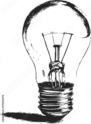 Light bulb sketch, hand drawn style with detailed filament and bold shadow — stock vector