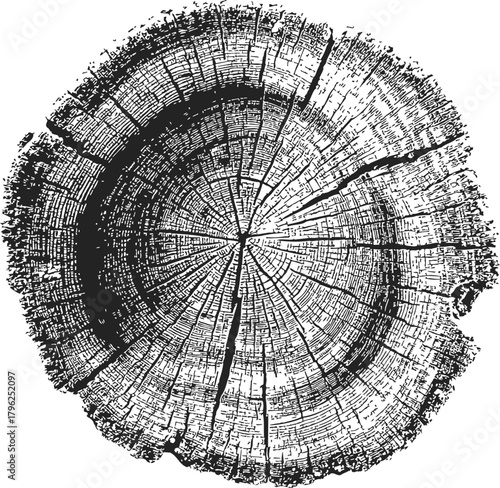 Tree trunk rings sketch, hand drawn cross section showing annual growth lines — stock vector