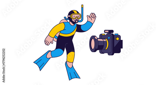 Diver Approaching a Camera: Underwater Photography Pursuit With Action Illustration