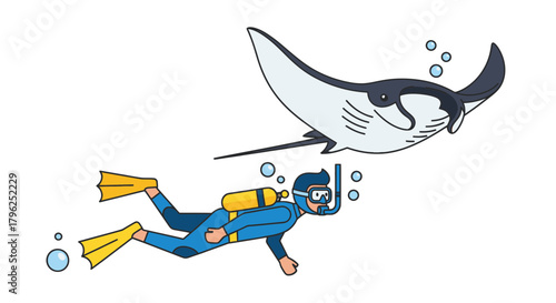 Diver And Stingray Underwater Exploration Depicted In Vibrant Cartoon Illustration