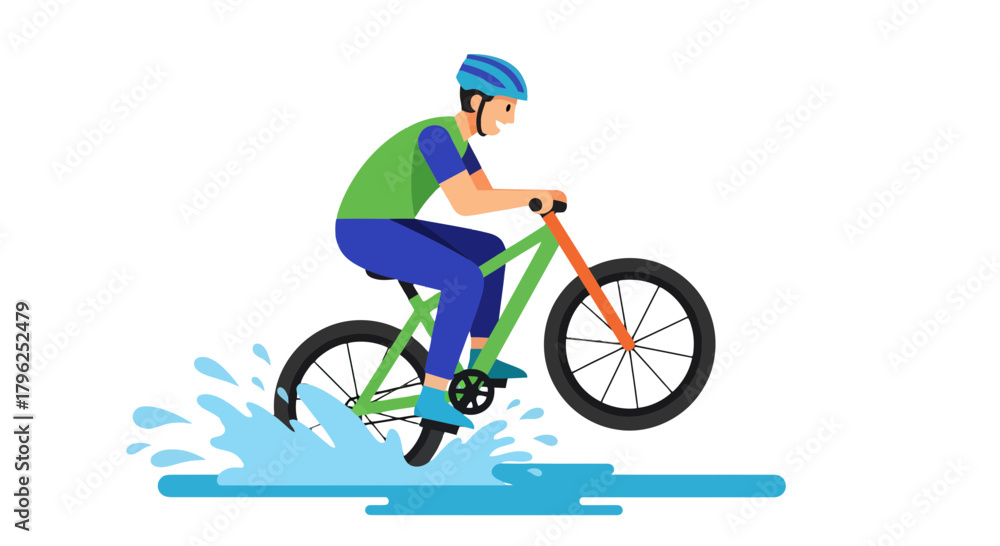 Fototapeta premium Cyclist Joyfully Rides Bicycle Through Water Creating Splashy And Creative Illustration