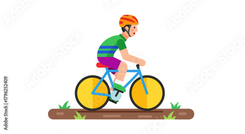 Cyclist Joyfully Cycling on a Biker Path Through the Nature Scene Illustration