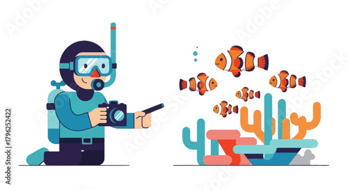 Diver Capturing Underwater Life Amidst Colorful Reefs with Playful Fish Encounter