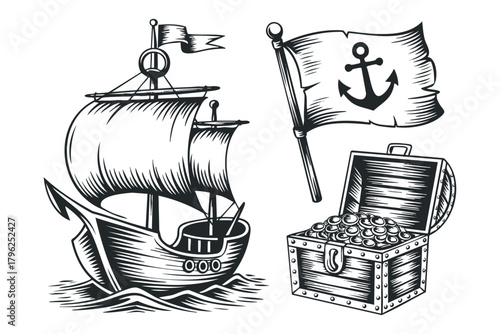 Pirate ship with treasure chest and anchor flag