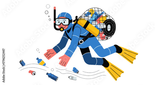 Diver Cleaning Ocean From Plastic Pollution For Environmental Preservation Illustration