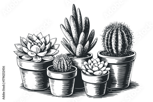 Group of potted succulents and cacti line drawing