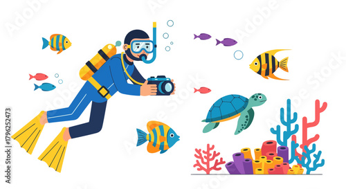 Diver Capturing Underwater Life: Exploring Sea Creatures, Fishes, and Colorful Coral Reefs