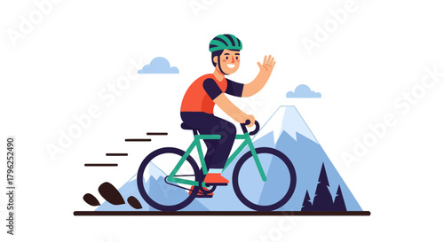 Cyclist Joyfully Trails Across Mountainous Terrain, Embracing Active Outdoor Adventure