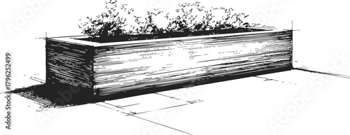 Raised garden bed sketch, hand drawn wooden planter box with plants — stock vector