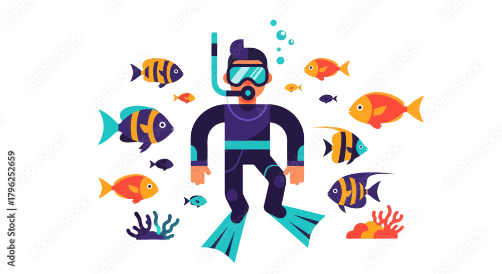 Fototapeta premium Diver Explores Underwater World Surrounded By Animated Colorful Marine Life