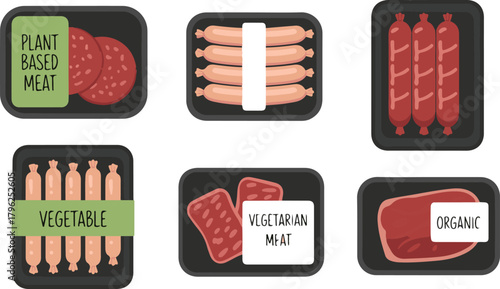 Selection of pre packaged meats with plant based vegetable and organic labels