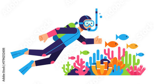 Diver Explores Marine Life Underwater, Swimming Through Colourful Coral Reefs at Sea