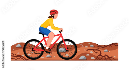 Cyclist on Mountain Bike Cycling Over Rough Terrain in Minimalist Style Design