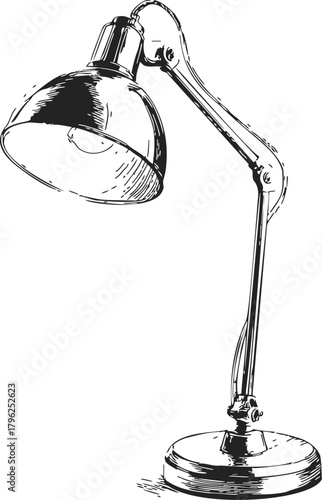 Desk lamp sketch, hand drawn adjustable arm classic table light — stock vector
