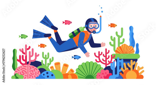 Diver Explores The Colorful Underwater World In A Vivid And Abstract Illustration
