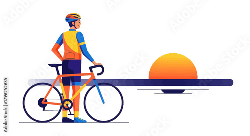 Cyclist Pauses Bicycle Ride At Sunset, Contemplating The Horizon In A Serene Scene