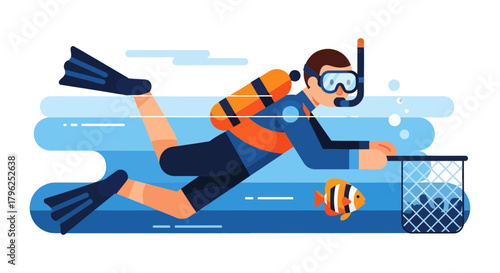 Diver Explores Underwater World Seeking Fish in the Ocean Depths with Snorkel Gear