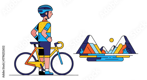 Cyclist Pauses Beside Mountain Landscape, Cycling Adventure, Scenic View, Beautiful Day, Graphic