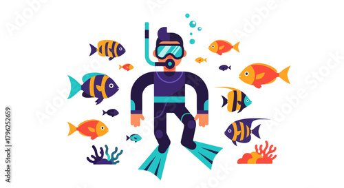 Diver Explores Underwater World Surrounded By Animated Colorful Marine Life