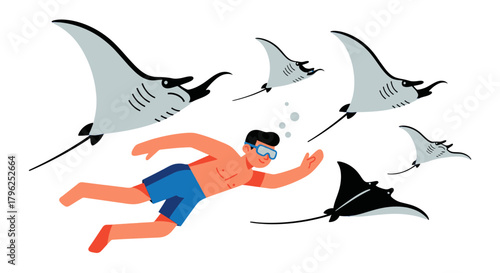 Diver Explores Underwater World Surrounded By Amazing Manta Rays In The Dark Ocean