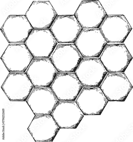 Hexagon pattern sketch, hand drawn geometric honeycomb grid with rough ink lines — stock vector
