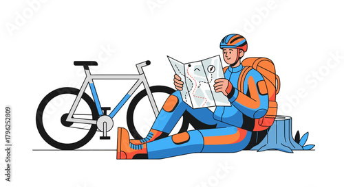 Cyclist Planning Adventure With Map And Bicycle After Travel Journey On Landscape Exploration