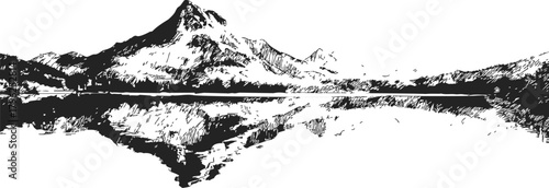 Mountain landscape sketch, hand drawn lake reflection scene — stock vector