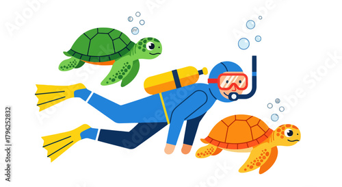 Diver Explores Underwater World With Two Sea Turtle Friends in Vivid Illustration