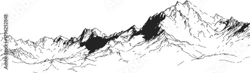 Mountain range sketch, hand drawn line art landscape with rugged peaks — stock vector