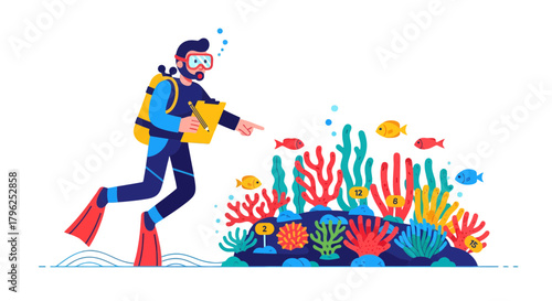 Diver Exploring And Documenting Underwater Ecosystem With Coral Reef Illustration