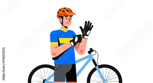 Cyclist Preparing For A Ride With Bike And Wearing Protective Gloves Helmet