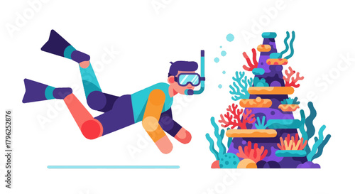 Diver Exploring Beautiful Coral Reef Underwater And Enjoying A Thrilling Experience