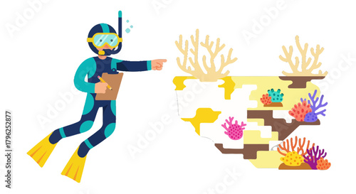 Diver Exploring And Documenting Underwater Coral Reef Ecosystems Illustration