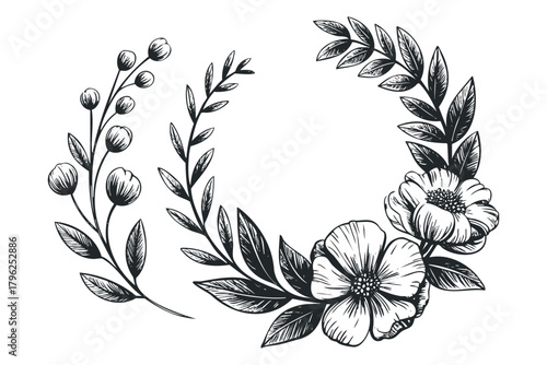 Floral wreath and sprig with bud detail