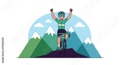 Cyclist Reaching Summit Celebrates Victory Amidst Mountains and Landscape Illustration