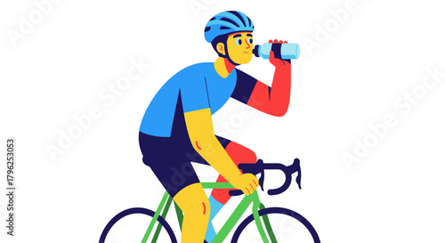 Cyclist Rehydrating While Cycling With Bold Colors And Minimalist Style Illustration Design