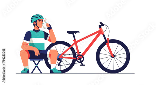 Cyclist Relaxing And Refreshing After Bicycle Ride With Coffee In Hand