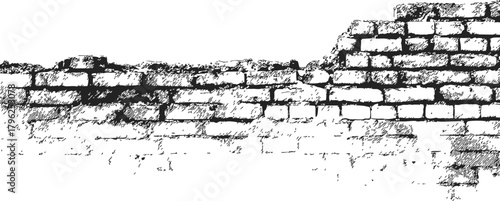 Brick wall sketch, hand drawn, partially ruined, rough texture, isolated on white — stock vector